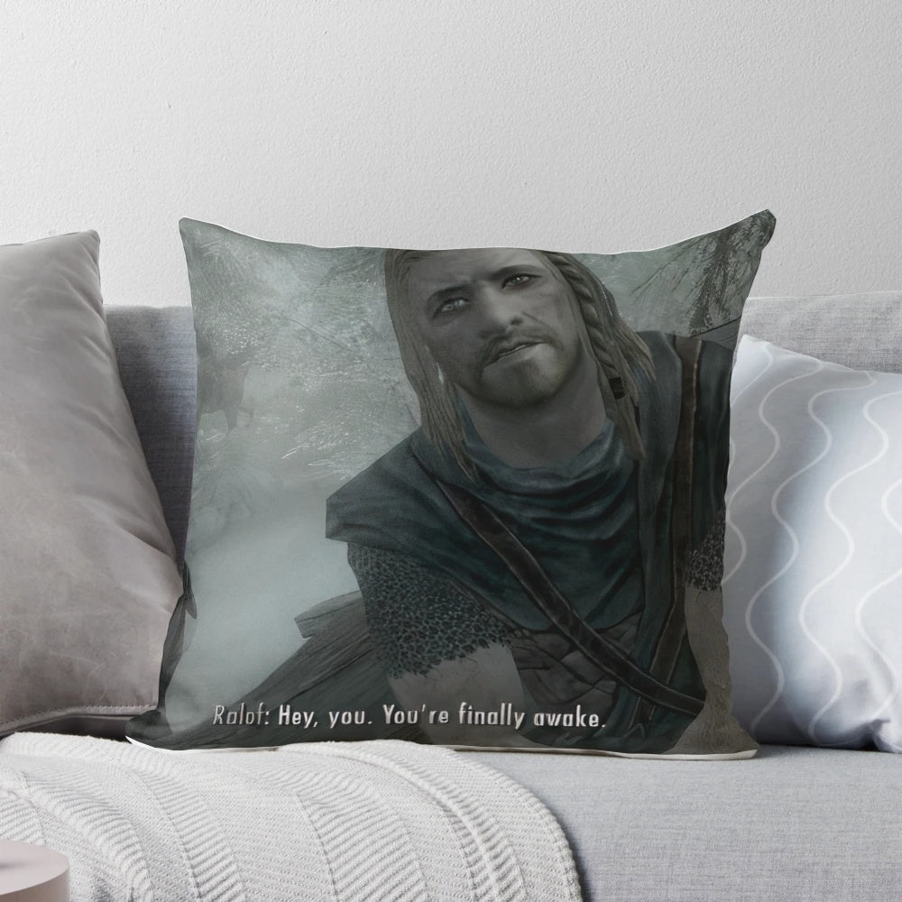 A plush pillow featuring the iconic "Hey, you're finally awake" meme from the Skyrim video game