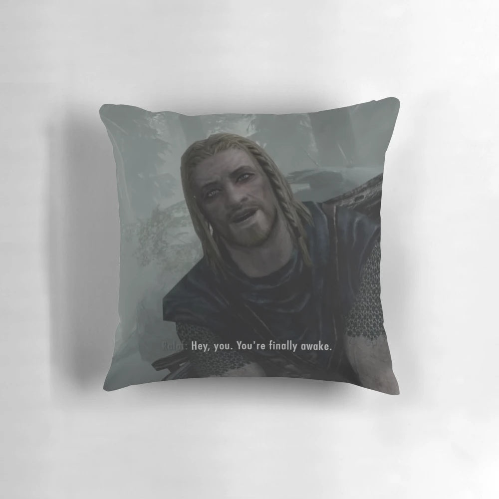 Skyrim inspired "You're Finally Awake" pillow featuring the iconic opening scene