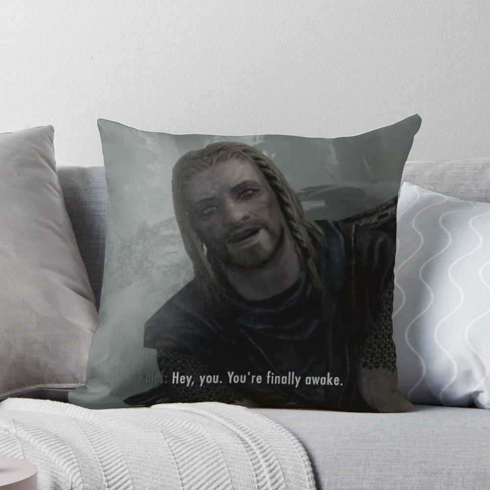Skyrim inspired "You're Finally Awake" pillow featuring the iconic opening scene