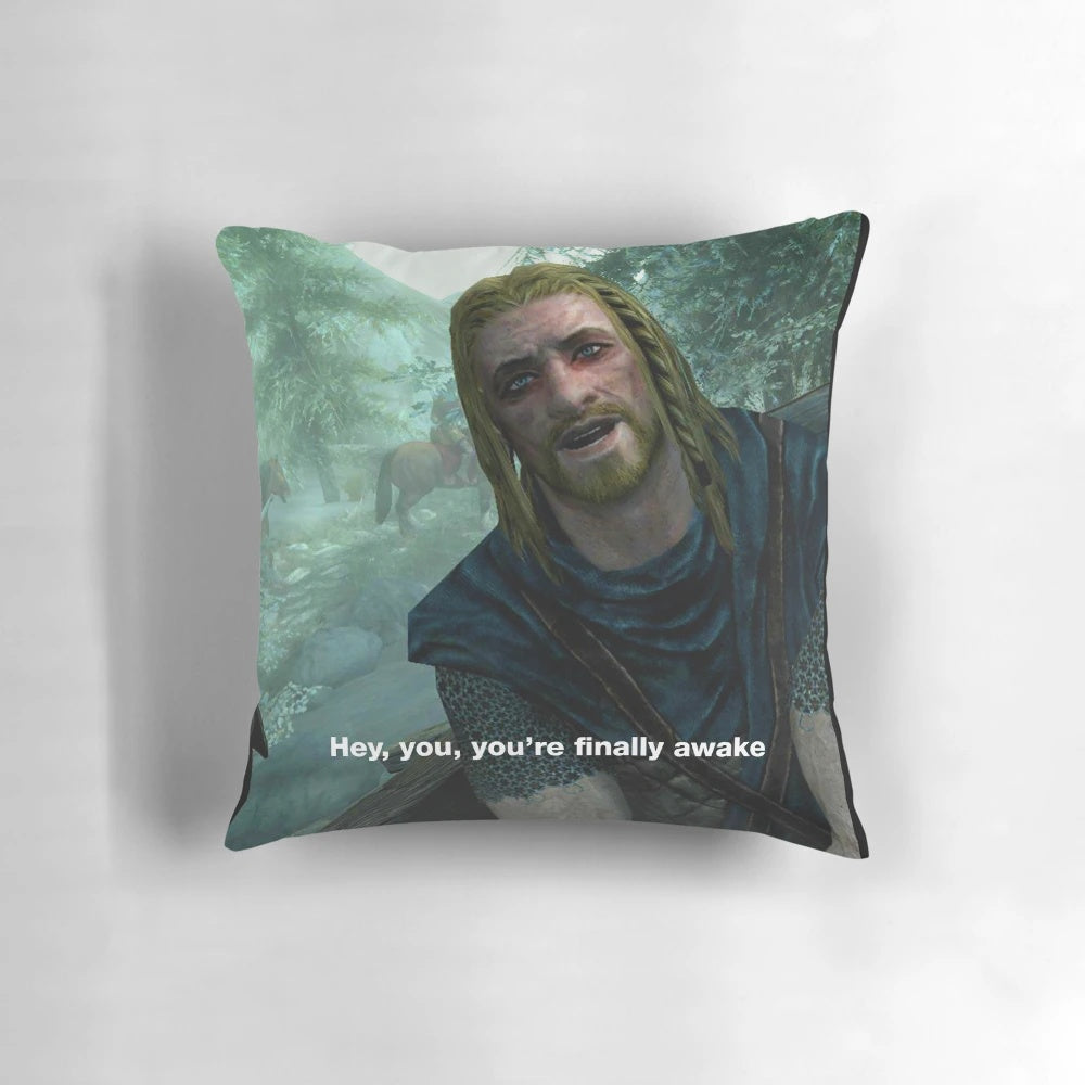 A cozy pillow featuring the iconic "You're Finally Awake" meme from the video game Skyrim.