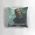A cozy pillow featuring the iconic "You're Finally Awake" meme from the video game Skyrim.