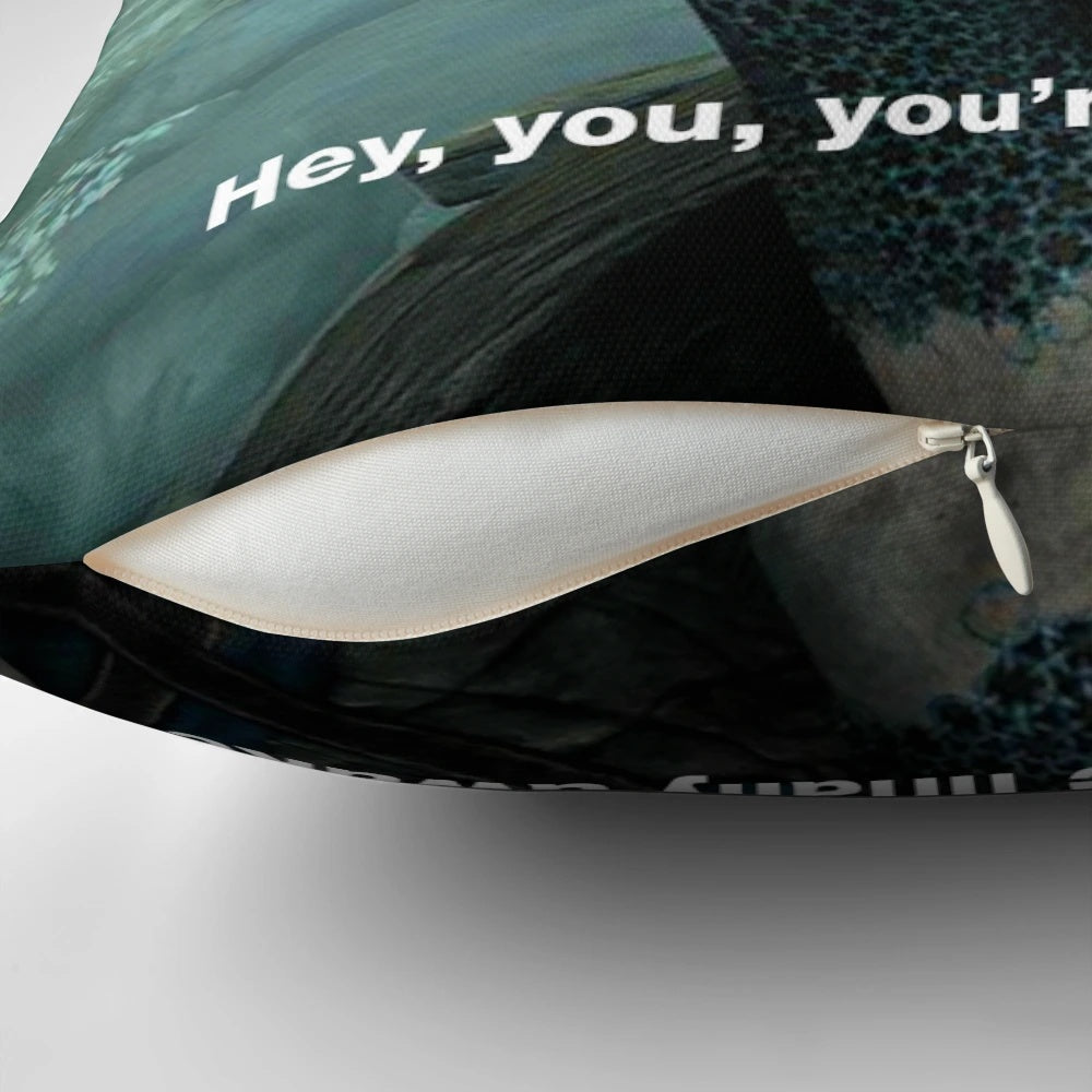 A cozy pillow featuring the iconic "You're Finally Awake" meme from the video game Skyrim.