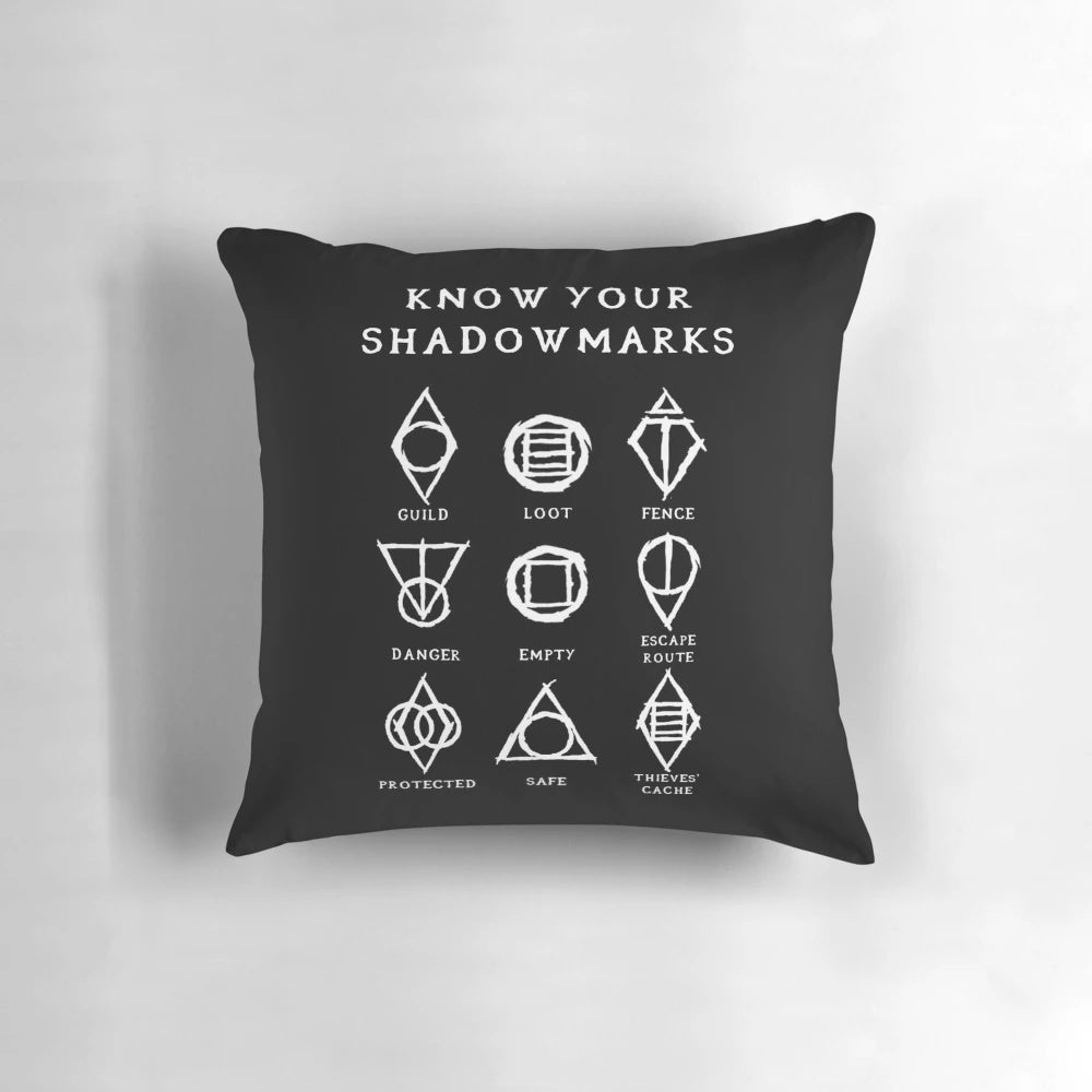 Skyrim Shadowmarks (Light) Pillow - Enhance your gamer decor with this decorative pillow inspired by the Thieves Guild's secret language.
