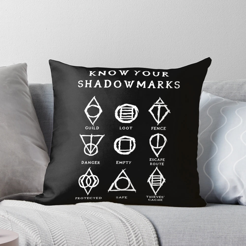 Skyrim Shadowmarks (Light) Pillow - Enhance your gamer decor with this decorative pillow inspired by the Thieves Guild's secret language.