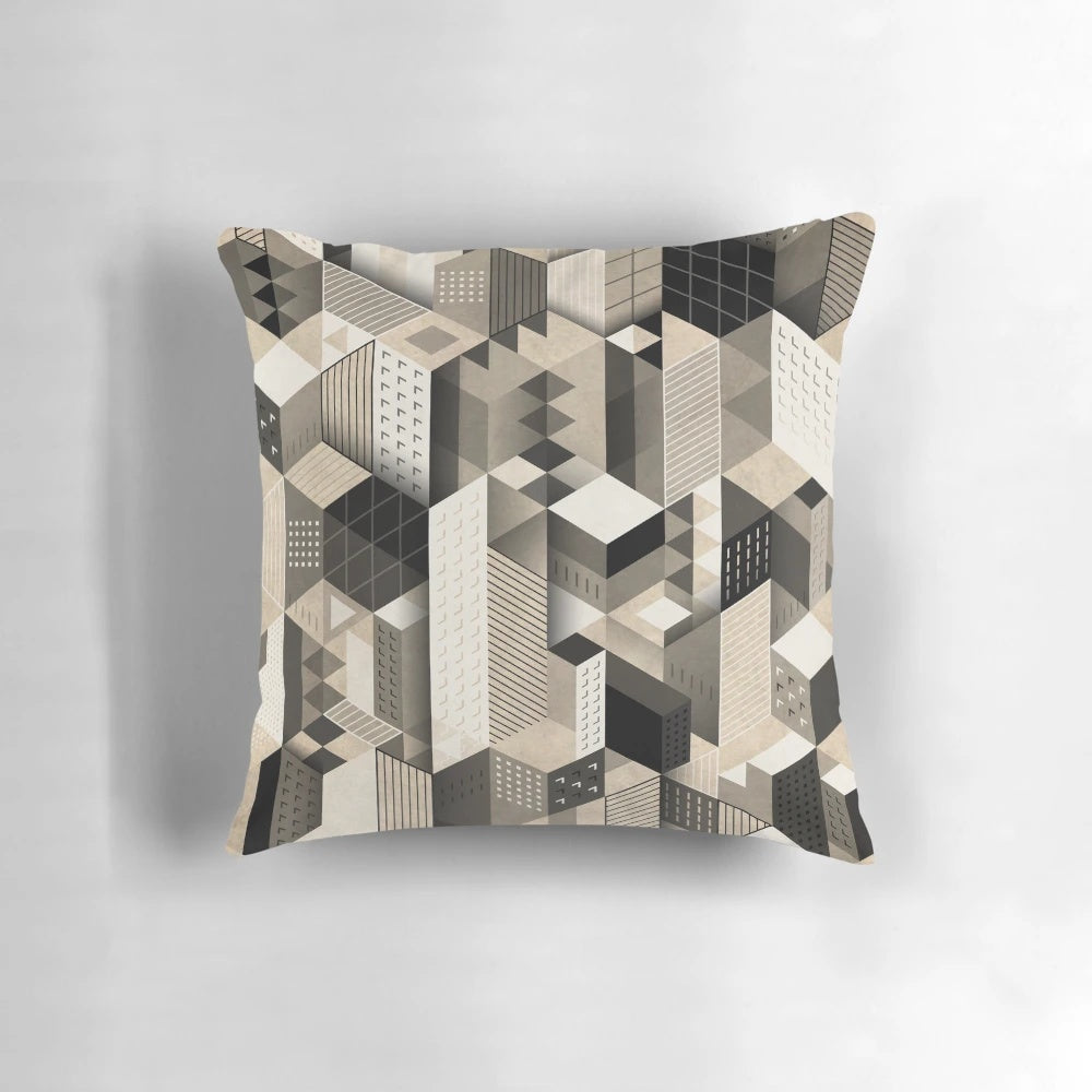 Abstract architectural pattern pillow featuring a cityscape and skyscrapers, inspired by Bauhaus and Picasso.