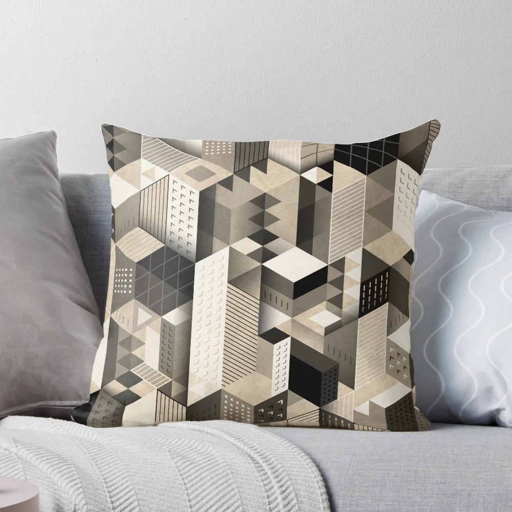 Abstract architectural pattern pillow featuring a cityscape and skyscrapers, inspired by Bauhaus and Picasso.