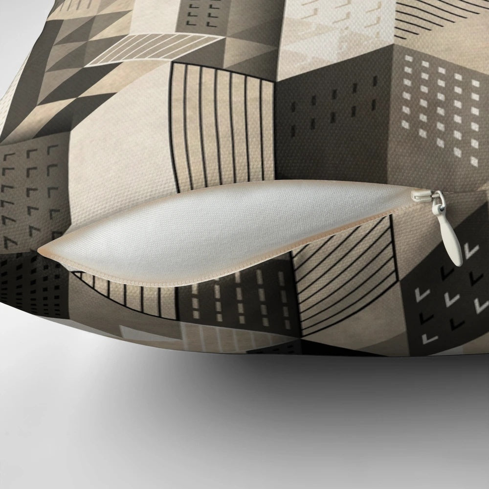 Abstract architectural pattern pillow featuring a cityscape and skyscrapers, inspired by Bauhaus and Picasso.