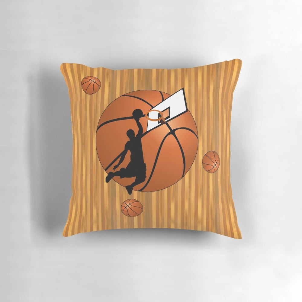 Slam dunk basketball player pillow featuring a basketball player in midair