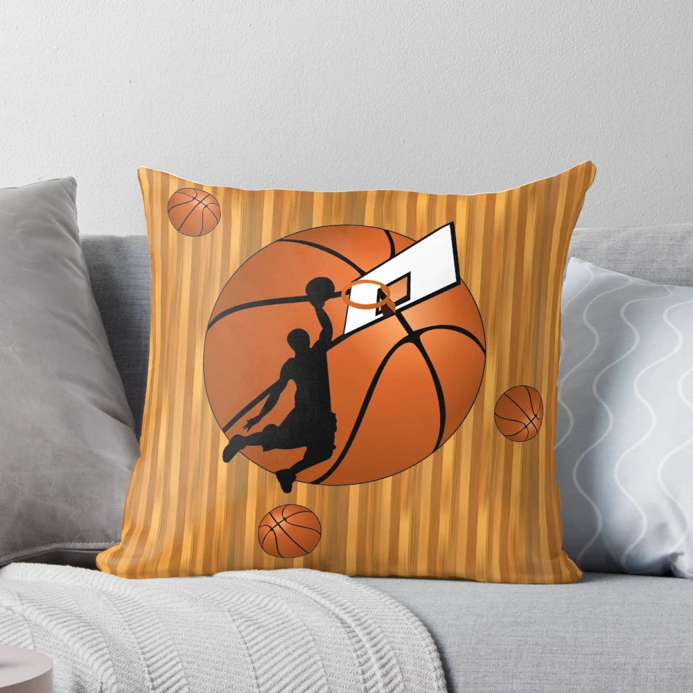 Slam dunk basketball player pillow featuring a basketball player in midair
