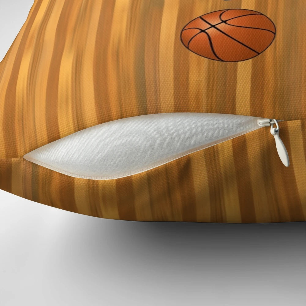 Slam dunk basketball player pillow featuring a basketball player in midair