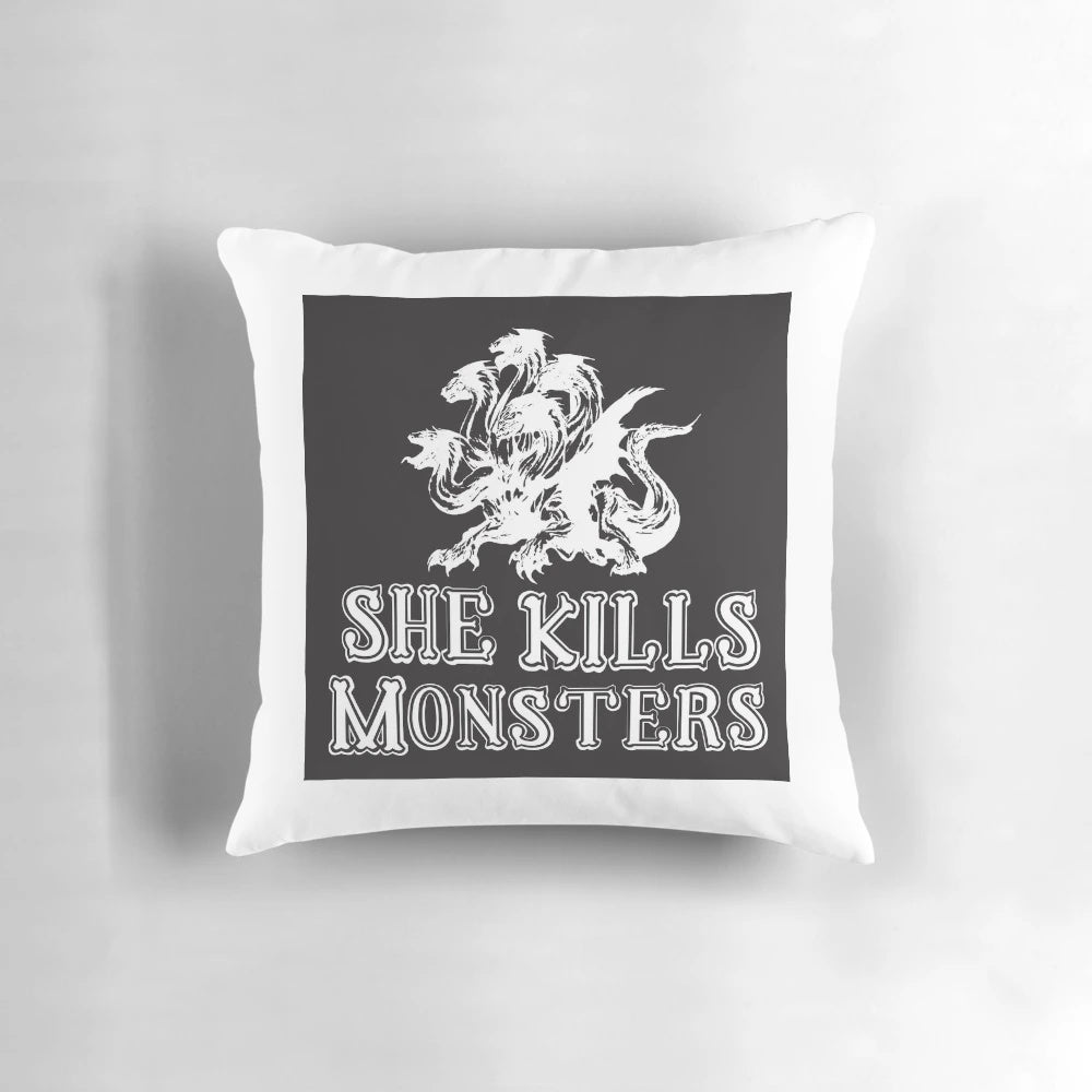 A plush pillow featuring the "She Kills Monsters" design, perfect for fantasy and gaming fans.