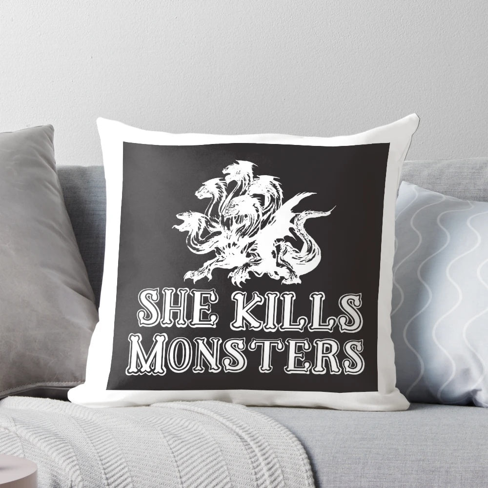 A plush pillow featuring the "She Kills Monsters" design, perfect for fantasy and gaming fans.