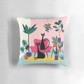 Stylish black cat pillow with lush tropical plants and mid-century modern accents