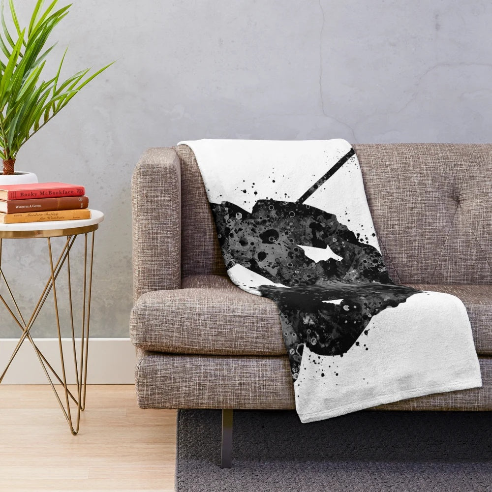 Ice hockey goalie silhouette in black and white design on plush blanket