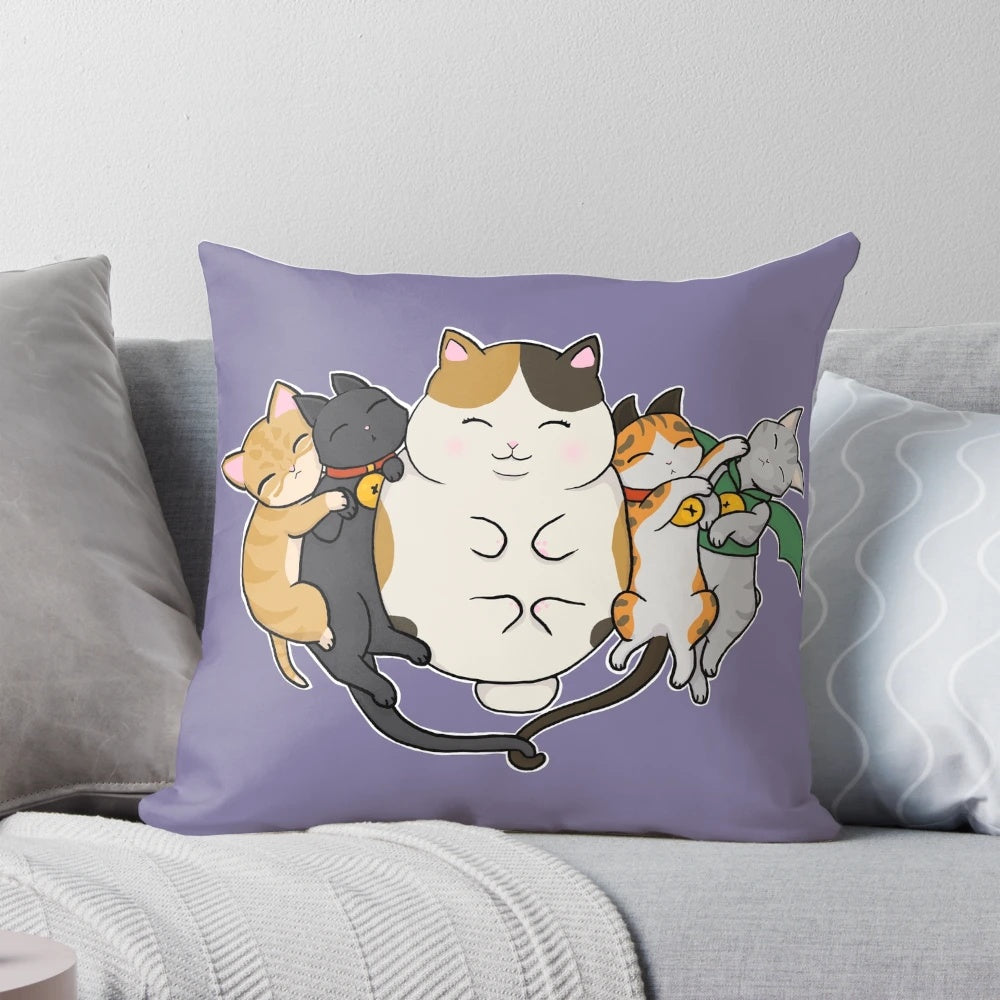 Soft, plush pillow featuring sleeping cats in the style of FFXIV's Coeurl and Gaelicat cats