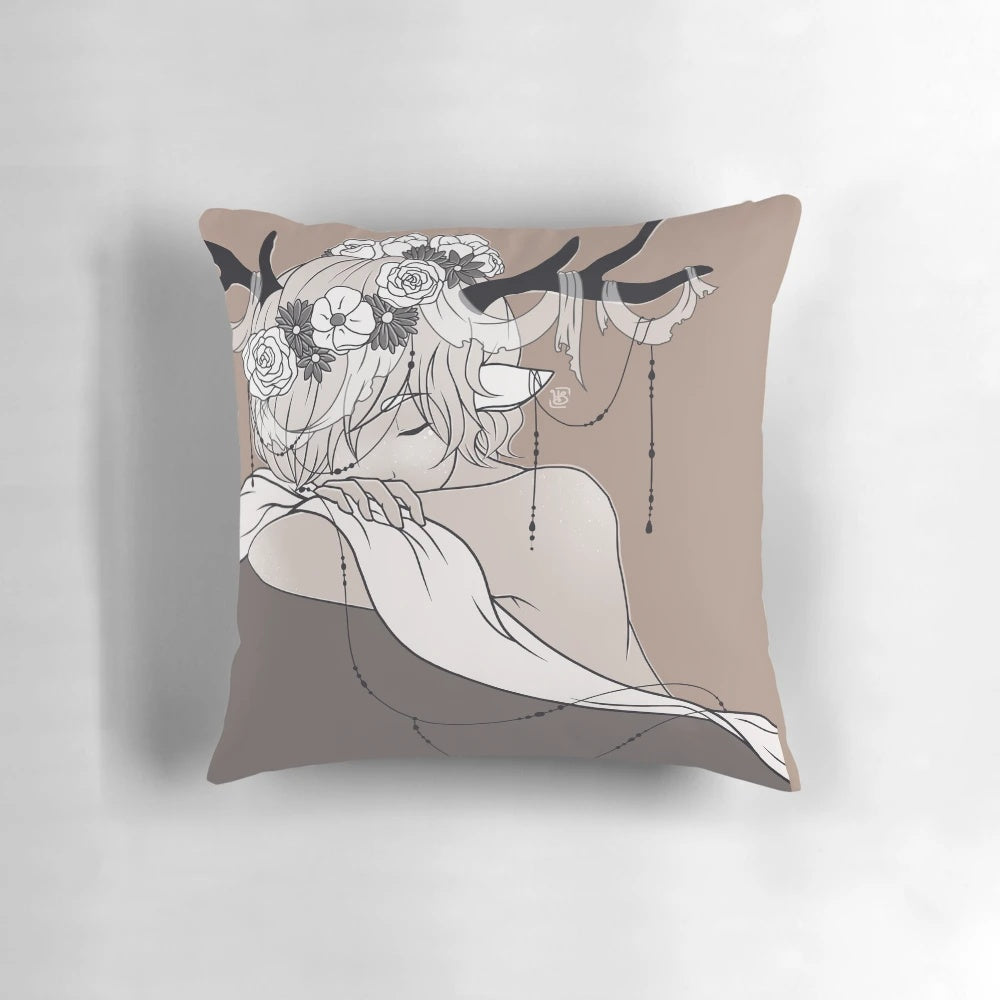 Sleepy Forest Spirit Pillow with delicate black and white design featuring a deer-like figure in a serene forest setting.