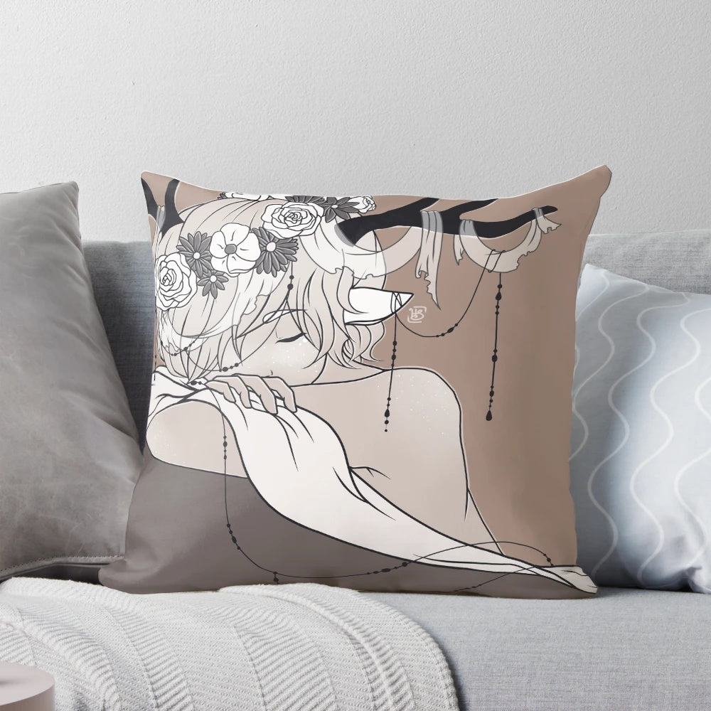 Sleepy Forest Spirit Pillow with delicate black and white design featuring a deer-like figure in a serene forest setting.