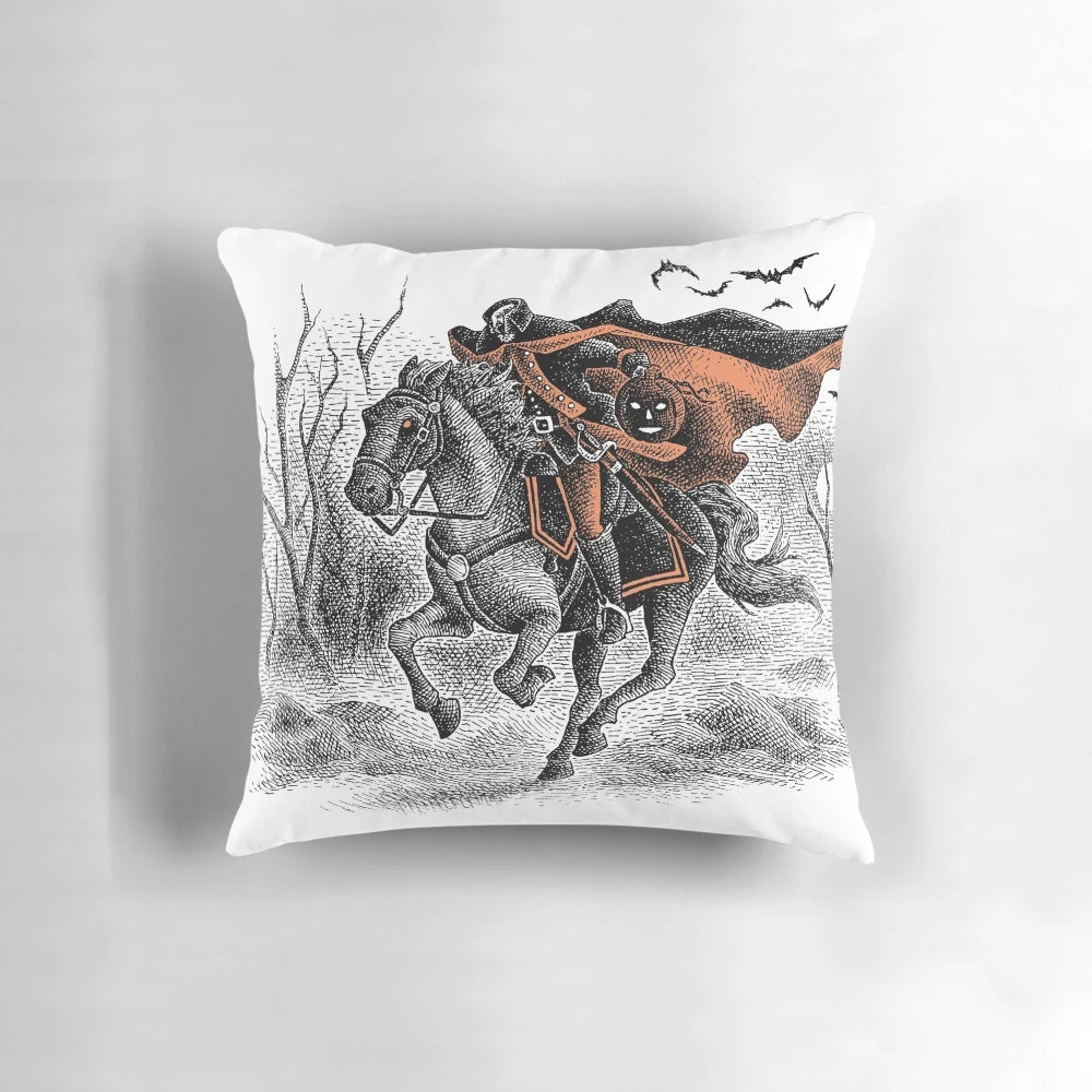 Spooky Sleepy Hollow-inspired pillow with the Headless Horseman design