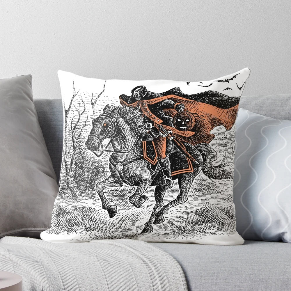 Spooky Sleepy Hollow-inspired pillow with the Headless Horseman design