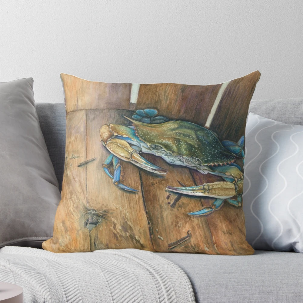 Slim Pickins' Coastal Crab Pillow featuring a Maryland blue crab design