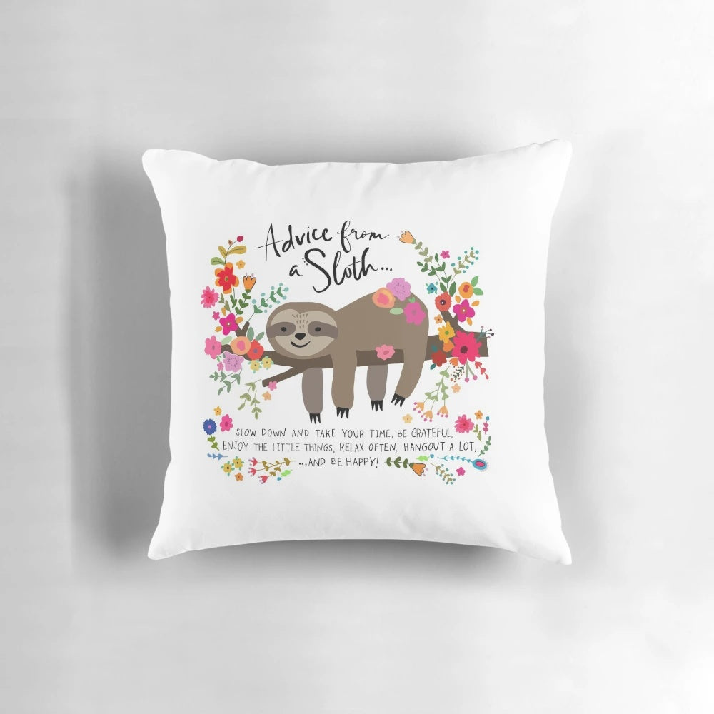 A cozy sloth-themed decorative pillow with a message of self-care and relaxation.