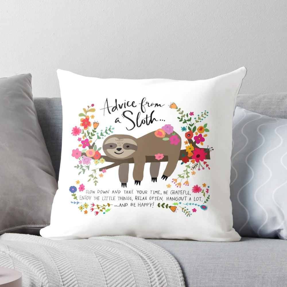 A cozy sloth-themed decorative pillow with a message of self-care and relaxation.