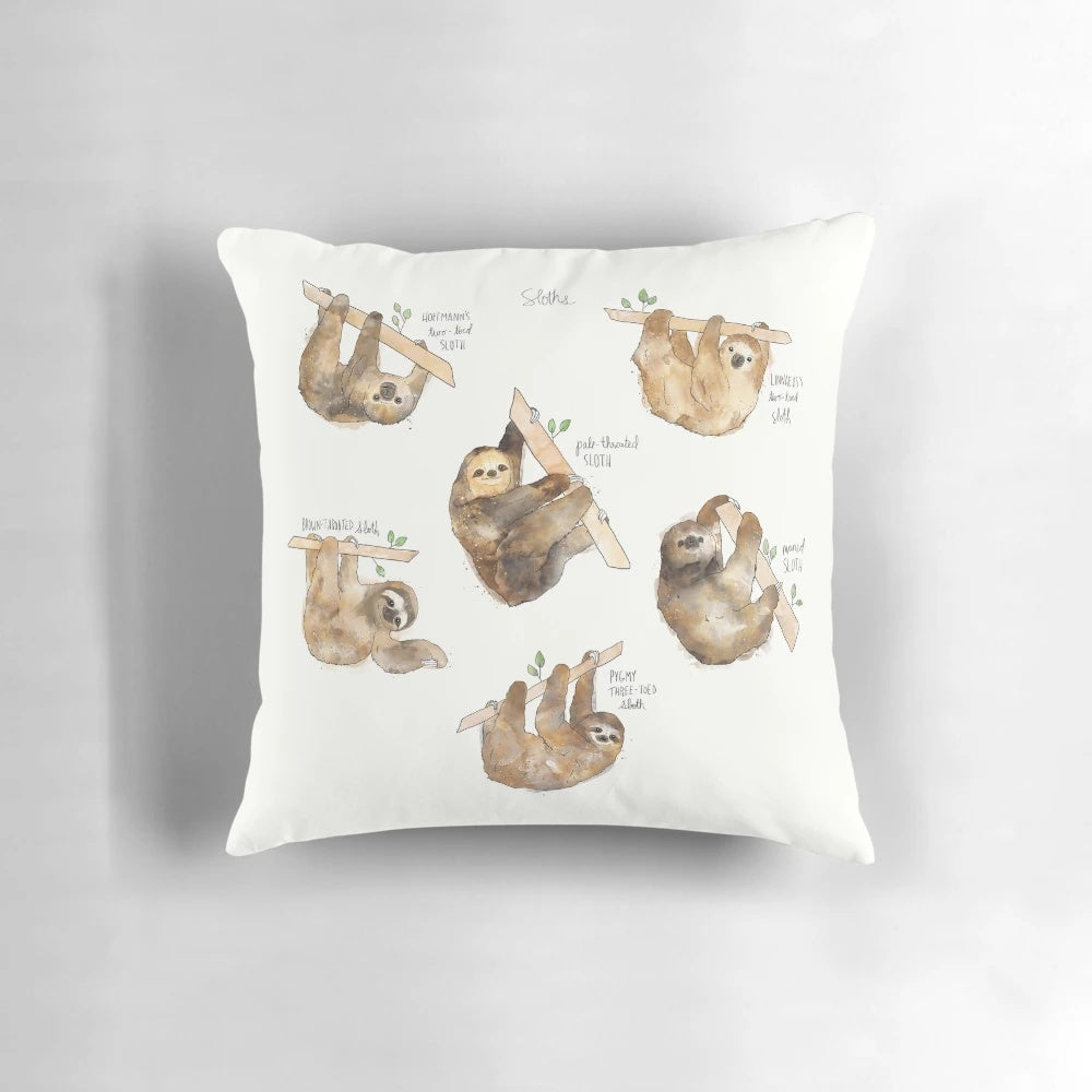 Sloth Pillow featuring an educational chart with different sloth species