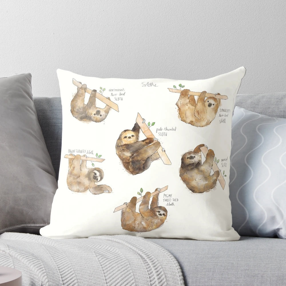 Sloth Pillow featuring an educational chart with different sloth species