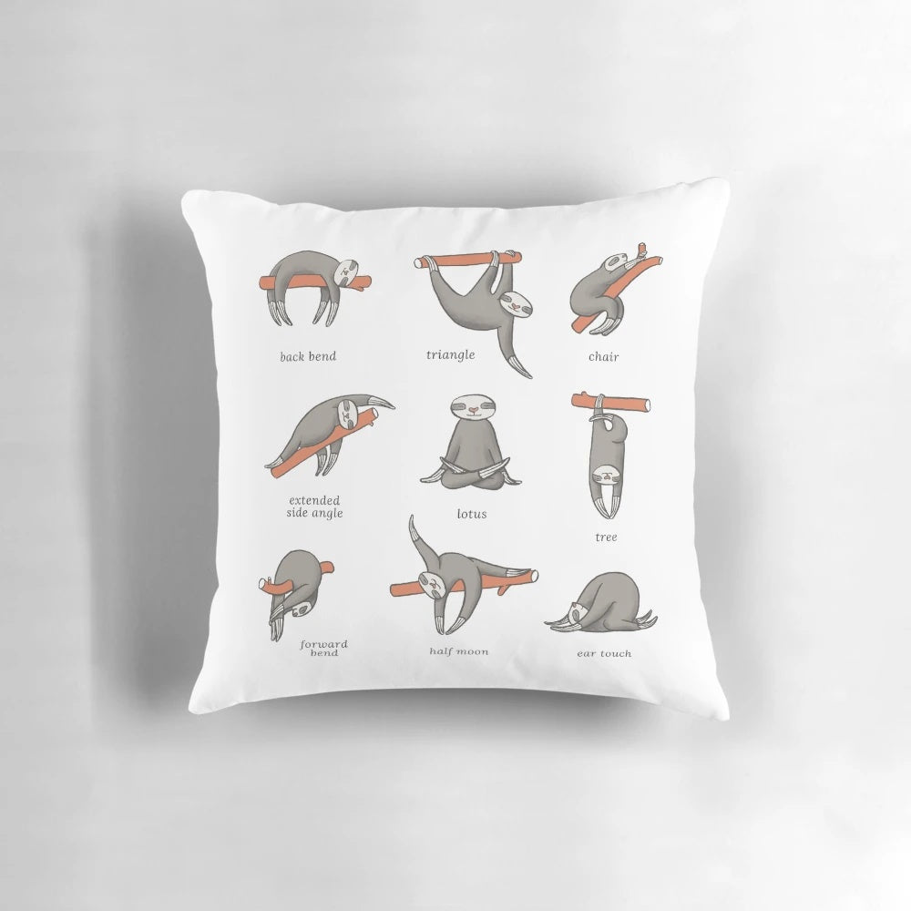 Adorable three-toed sloth in a yoga pose, surrounded by kawaii sloth graphics.