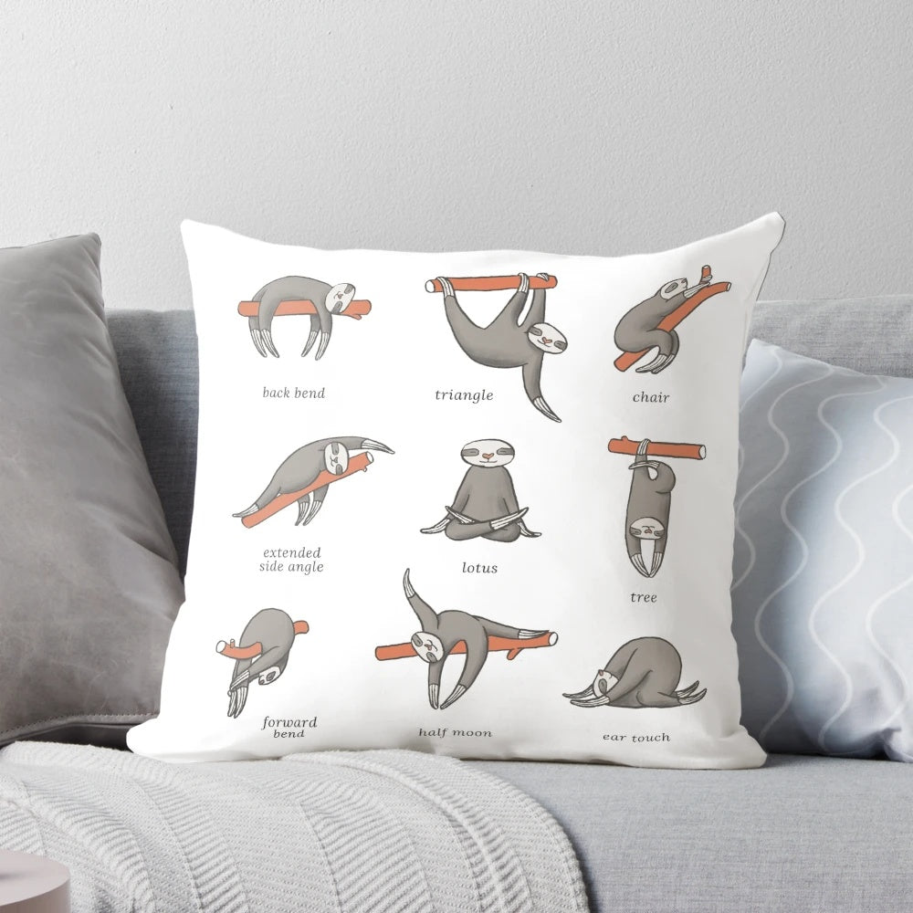 Adorable three-toed sloth in a yoga pose, surrounded by kawaii sloth graphics.