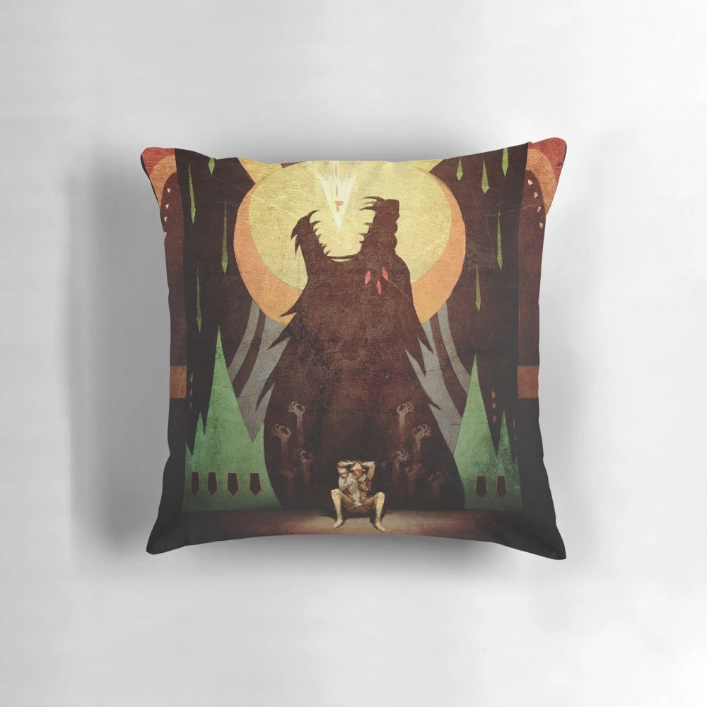 A decorative pillow featuring the Slow Arrow fresco from Dragon Age Inquisition, with the Dread Wolf symbol.