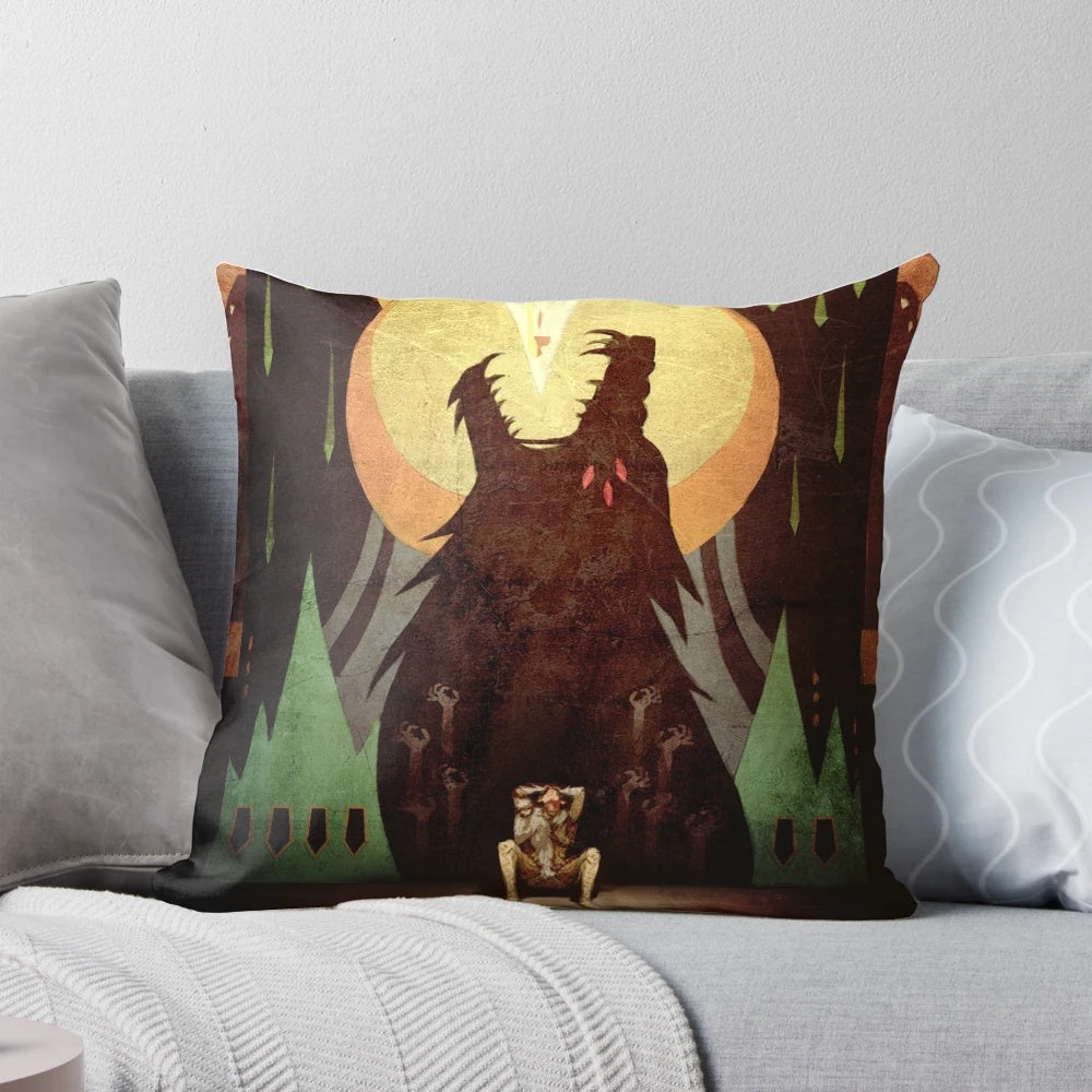 A decorative pillow featuring the Slow Arrow fresco from Dragon Age Inquisition, with the Dread Wolf symbol.
