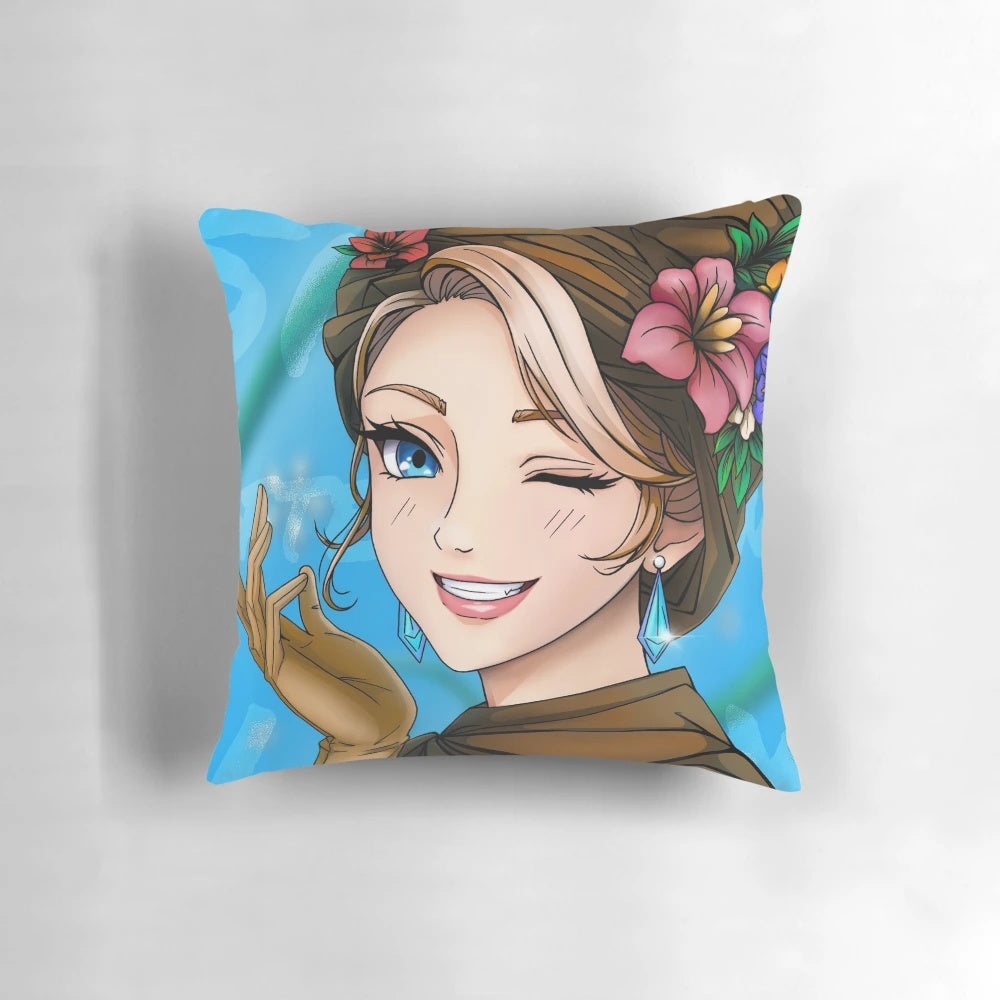 Whimsical blue and white cartoon character pillow with flowers and a winking expression