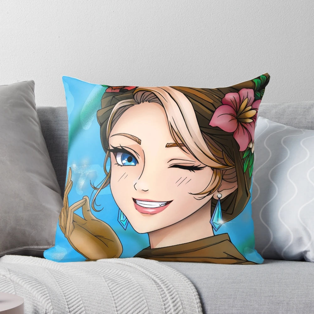 Whimsical blue and white cartoon character pillow with flowers and a winking expression