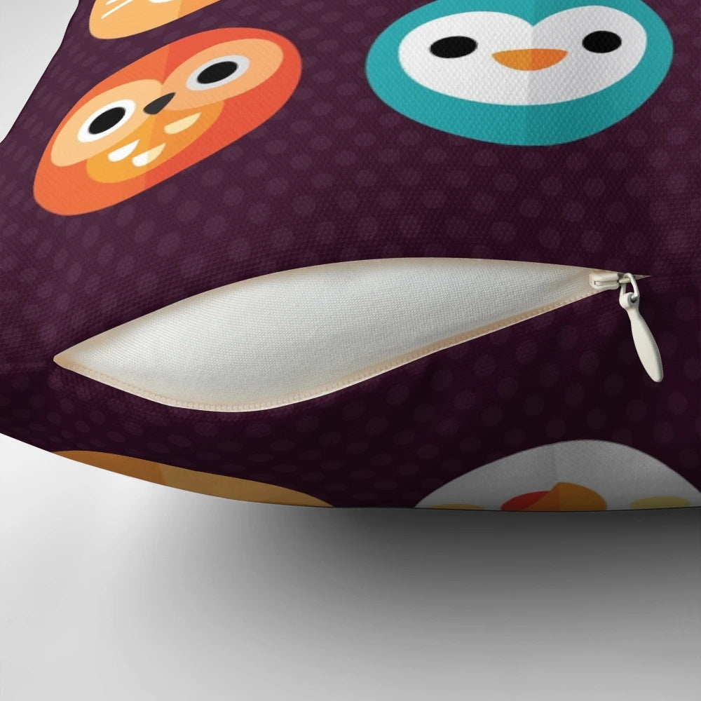 Smiley faces and cute animal faces printed on a soft, plush pillow for a cozy, colorful bedroom or living room.