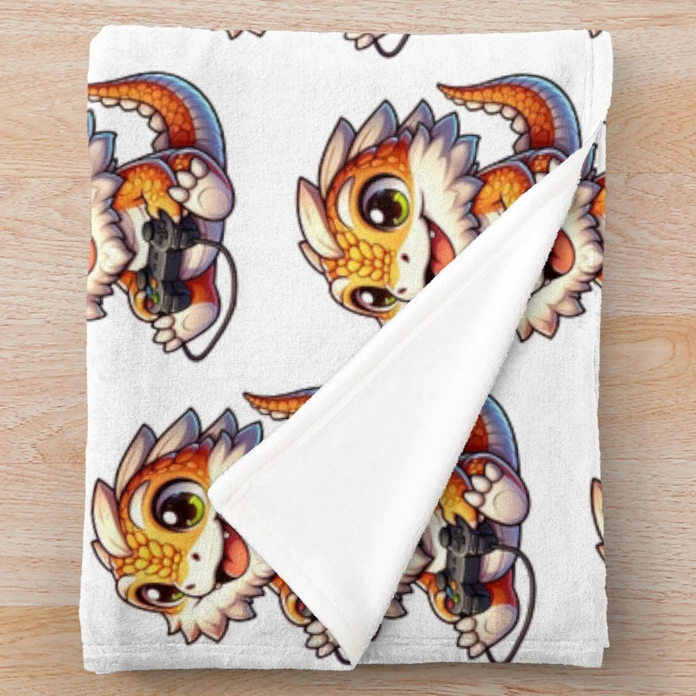 Smiling bearded dragon playing video games on a plush blanket
