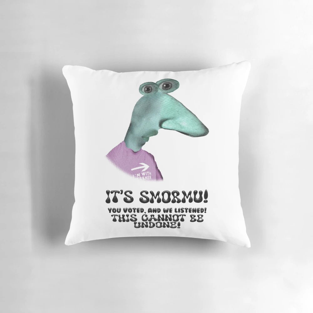 Plush Smiling Friends Smormu pillow with whimsical characters Pim, Charlie, and Zach Hadel