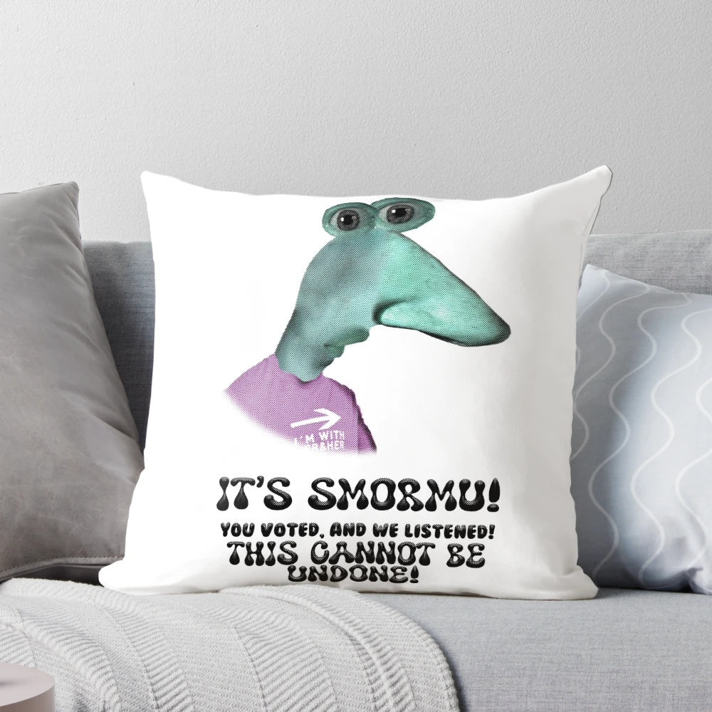 Plush Smiling Friends Smormu pillow with whimsical characters Pim, Charlie, and Zach Hadel