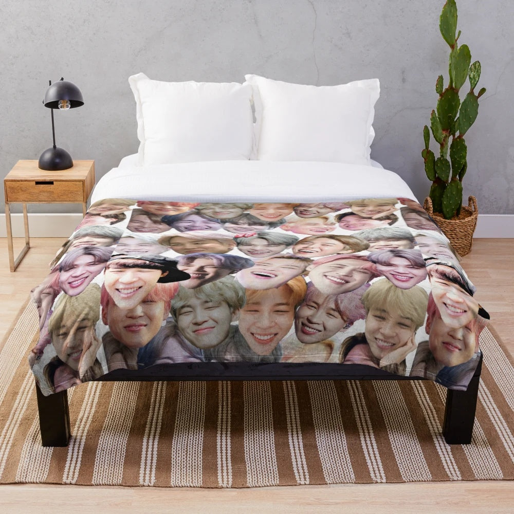 Soft and cozy plush blanket featuring a collage of smiling Jimin from the K-pop group BTS