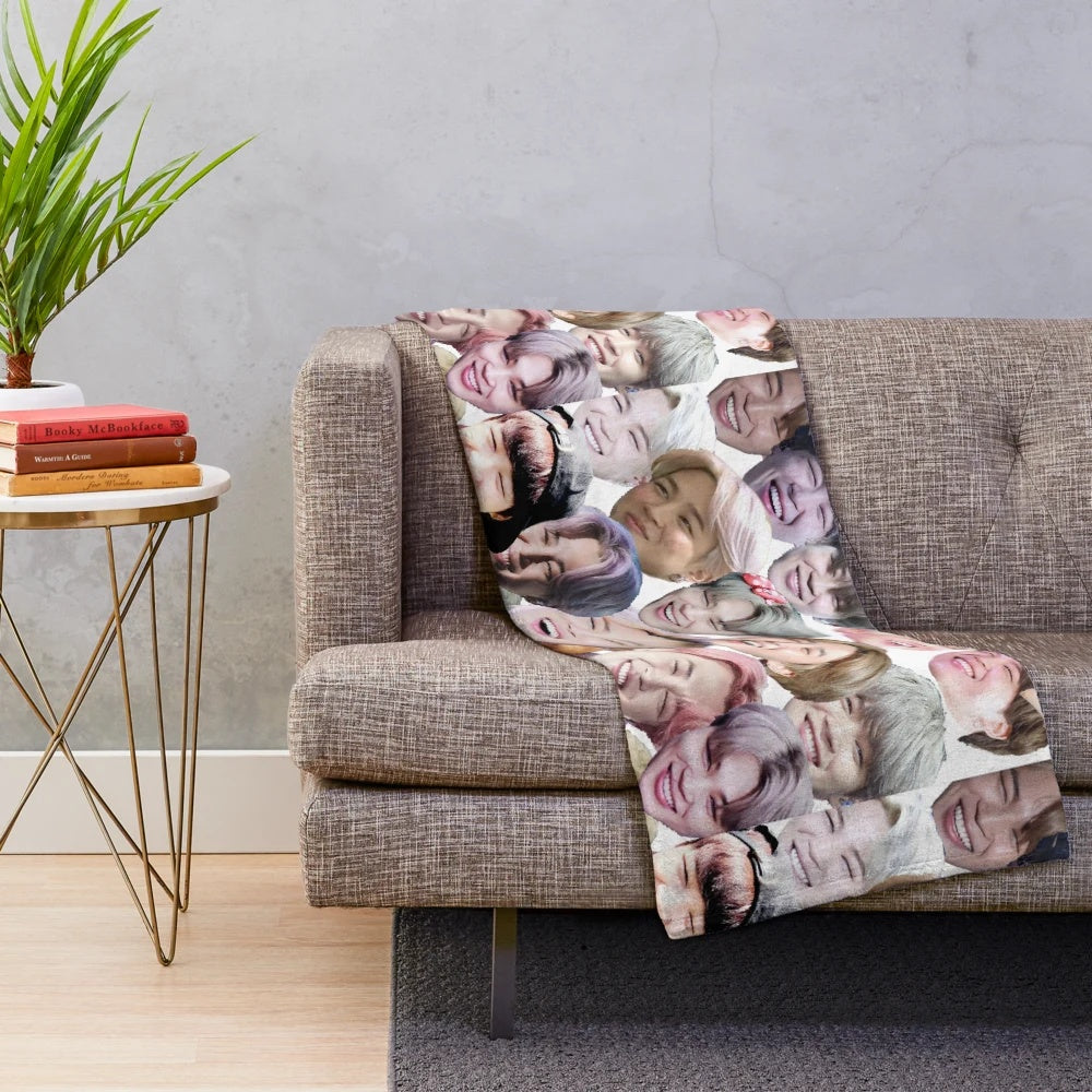 Soft and cozy plush blanket featuring a collage of smiling Jimin from the K-pop group BTS