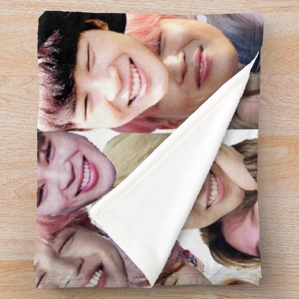 Soft and cozy plush blanket featuring a collage of smiling Jimin from the K-pop group BTS