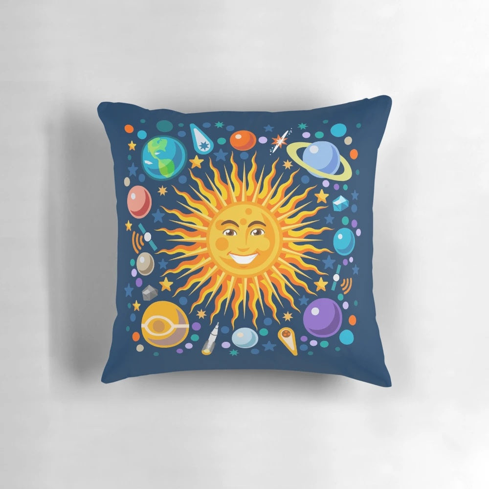 Colorful pillow featuring a smiling sun in the solar system