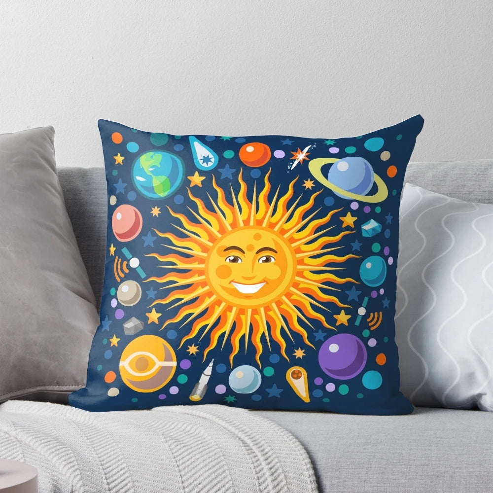 Colorful pillow featuring a smiling sun in the solar system
