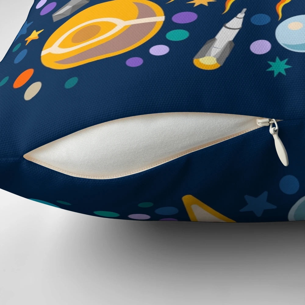 Colorful pillow featuring a smiling sun in the solar system