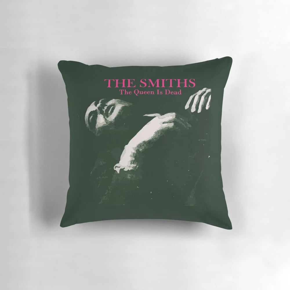 Vibrant graphic pillow featuring The Smiths' album cover art for "The Queen Is Dead