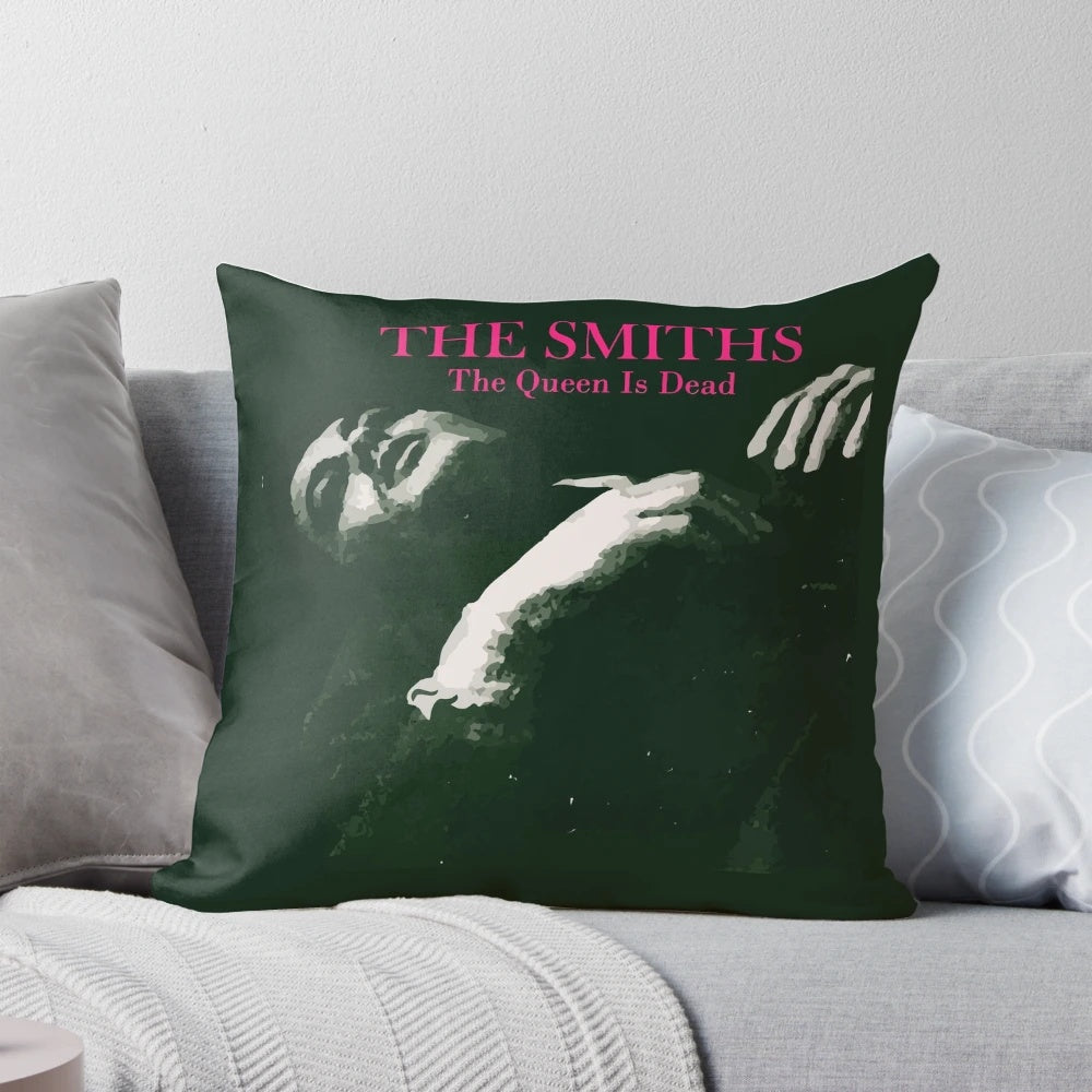 Vibrant graphic pillow featuring The Smiths' album cover art for "The Queen Is Dead