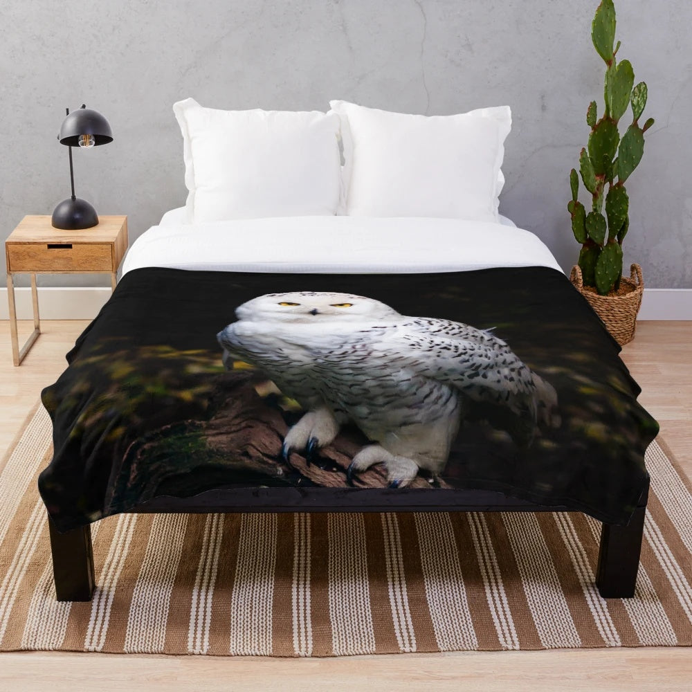 Snowy owl plush blanket with a detailed portrait of the majestic bird