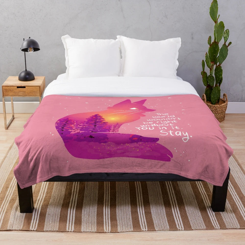 Snowy sunset fox plush blanket with inspirational message