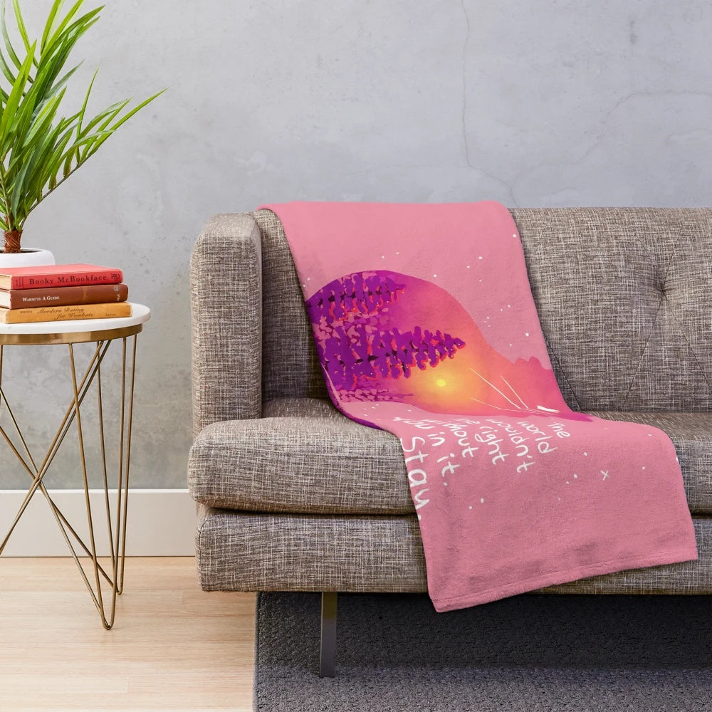 Snowy sunset fox plush blanket with inspirational message