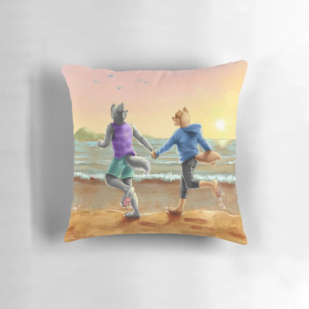 A soft, furry pillow featuring two characters embracing on a beach scene